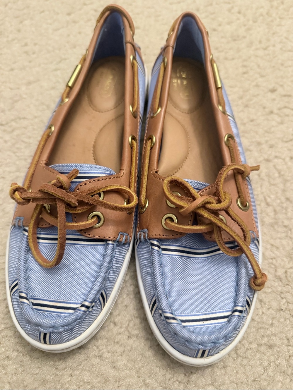 COACH Striped Canvas & Leather Boat Shoes - Light Blue/Tan size7